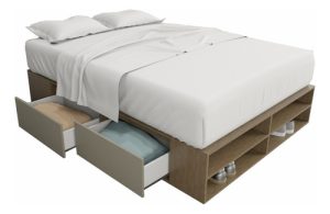 Box De Cama Con Cajonera + Zapatero Organizador Base Somier Color Nogal Con Gris