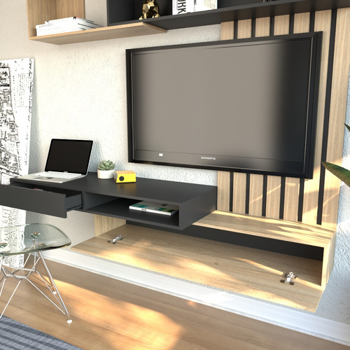 Rack Mesa Panel De Tv Funcional C/ Escritorio Regulable Color Olmo Finlandes Con Negro - Imagen 2