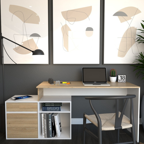 Escritorio En L O Recto Funcional Oficina Hogar Color Olmo Finlandes Combinado Con Everest Amv T3048 - Imagen 3