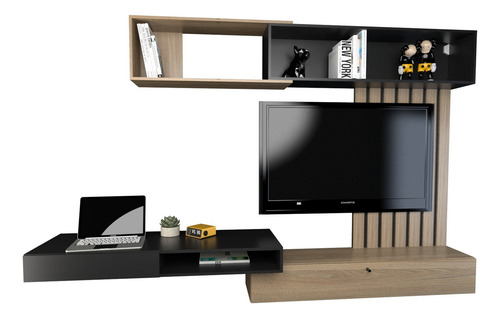 Rack Mesa Panel De Tv Funcional C/ Escritorio Regulable Color Olmo Finlandes Con Negro - Imagen 6