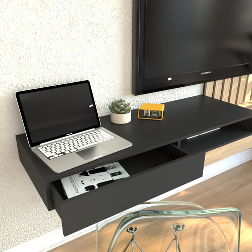 Rack Mesa Panel De Tv Funcional C/ Escritorio Regulable Color Olmo Finlandes Con Negro - Imagen 3