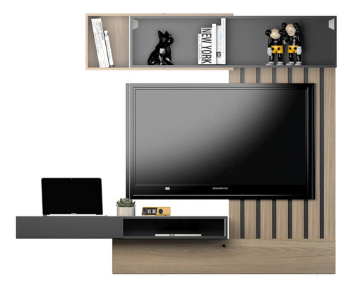 Rack Mesa Panel De Tv Funcional C/ Escritorio Regulable Color Olmo Finlandes Con Negro - Imagen 8