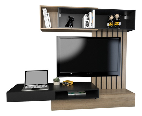 Rack Mesa Panel De Tv Funcional C/ Escritorio Regulable Color Olmo Finlandes Con Negro - Imagen 7