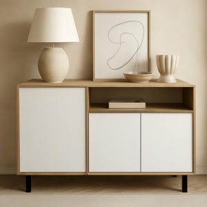 Vajillero Bahiut Aparador 3 Puertas Mueble Comedor 130 Cms Color Nebraska Natural / Blanco